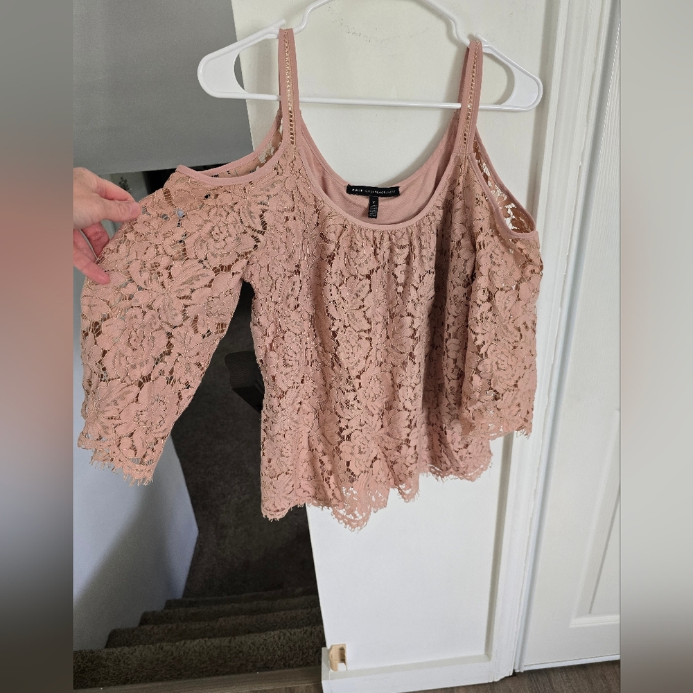 White House Black Market Lace Cold Shoulder Blouse in Soft Pink